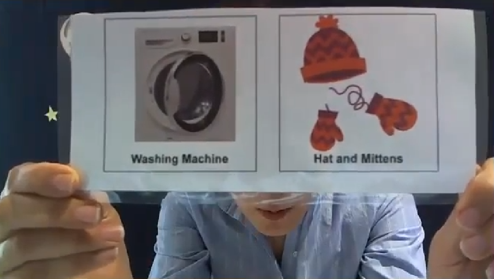Showing examples of computers Instructor showing an image of washing machine and mittens to the participants.